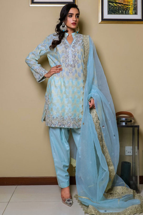 Blue Jamawar Kameez