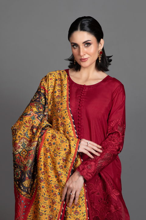 Video of Maiza maroon silk suit with mustard floral hand-embellished printed shawl.