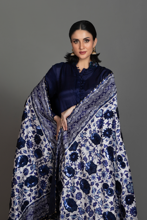 Video of Hoorain navy silk suit with cobalt hand-embellished printed shawl.