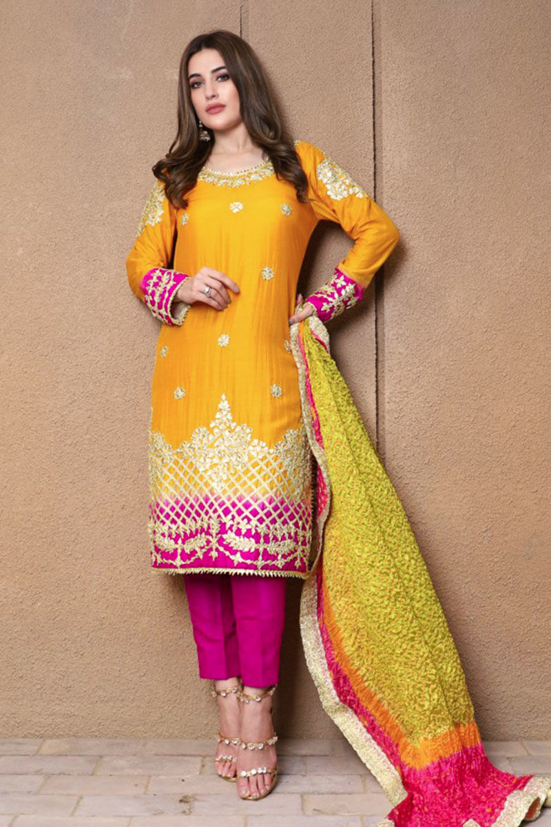 Buy Satrani Yellow & Pink Silk Blend Unstitched Dress Material - Dress  Material for Women 4375242 | Myntra